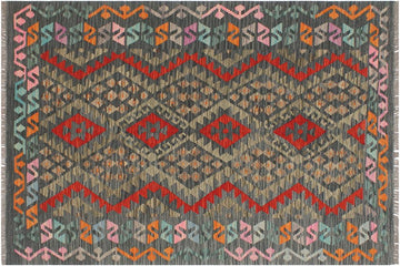 Flat Weave Kilim, Antique, Navaho, Vintage, Handmade, Geometric Kilim Charcoal Red Hand-Woven Rectangle 100% Wool Area Rug 4 x 6